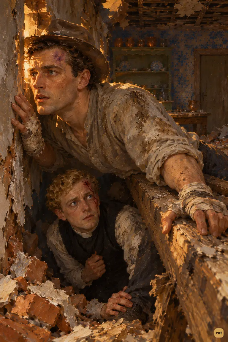 Stretched across a fallen beam, the narrator presses his eye to a fresh slit in the rubble