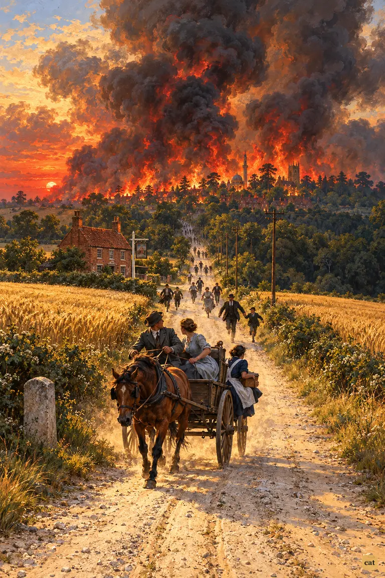 The fleeing dog cart passes wheat fields as the crest behind it pours smoke and fire