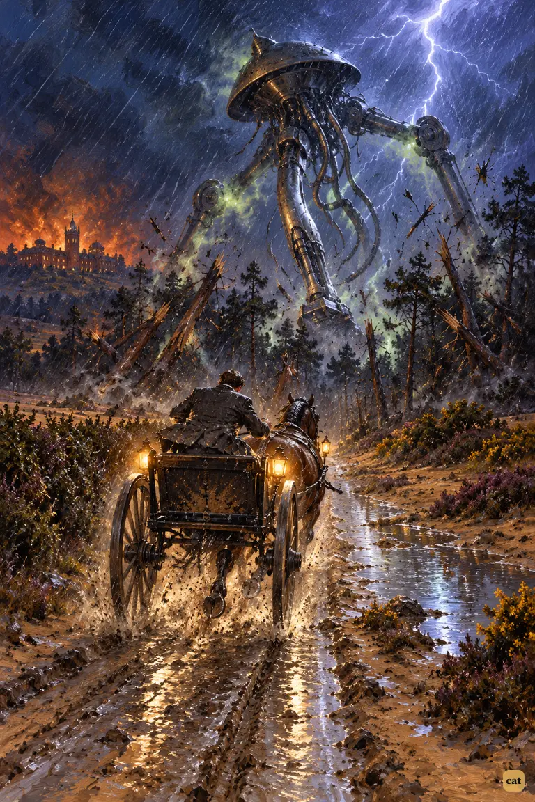 The bolting horse carries the dog cart toward a second tripod bursting from the pines