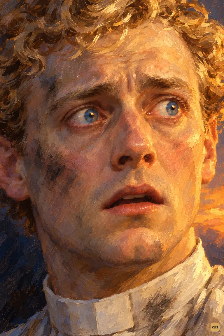 On the Walton bank at sunset, the curate stares at nothing with wide pale eyes