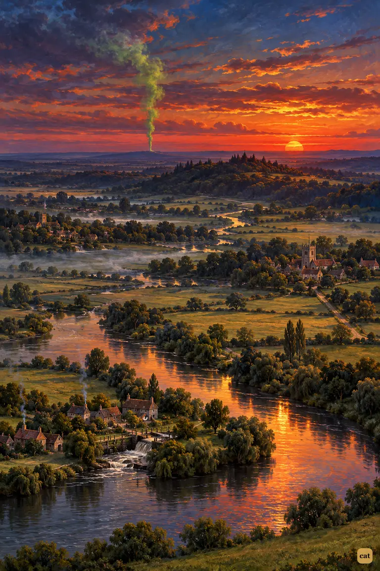 The quiet Thames country of villages, meadows and pine hills lies under a red June sunset