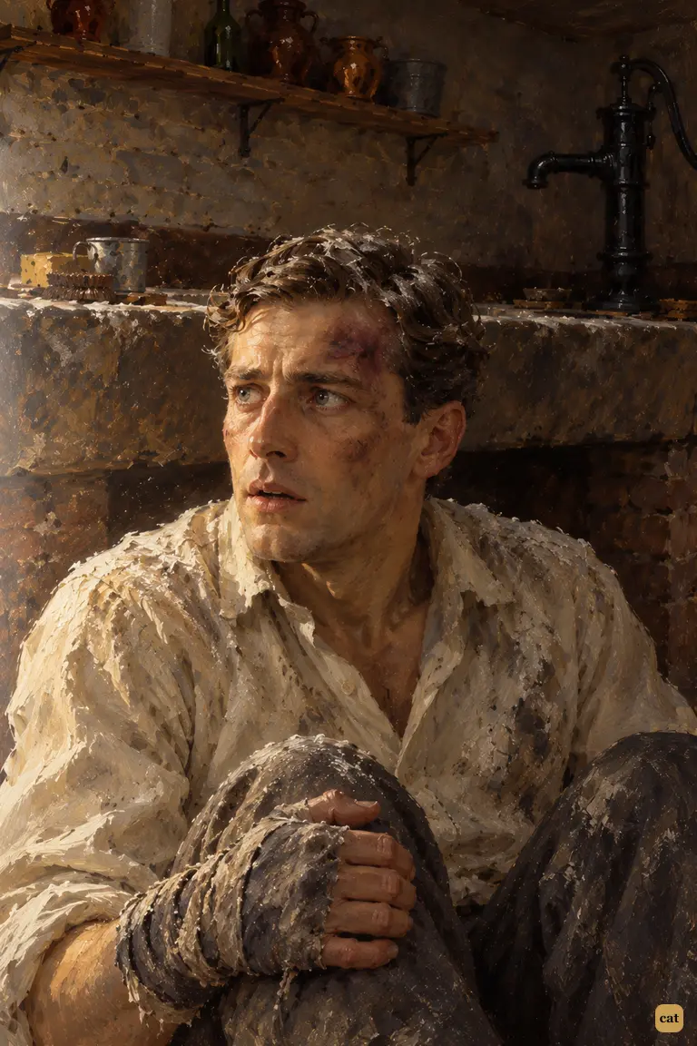 Buried in the dark scullery, the narrator sits against the stone sink, his temple bruised