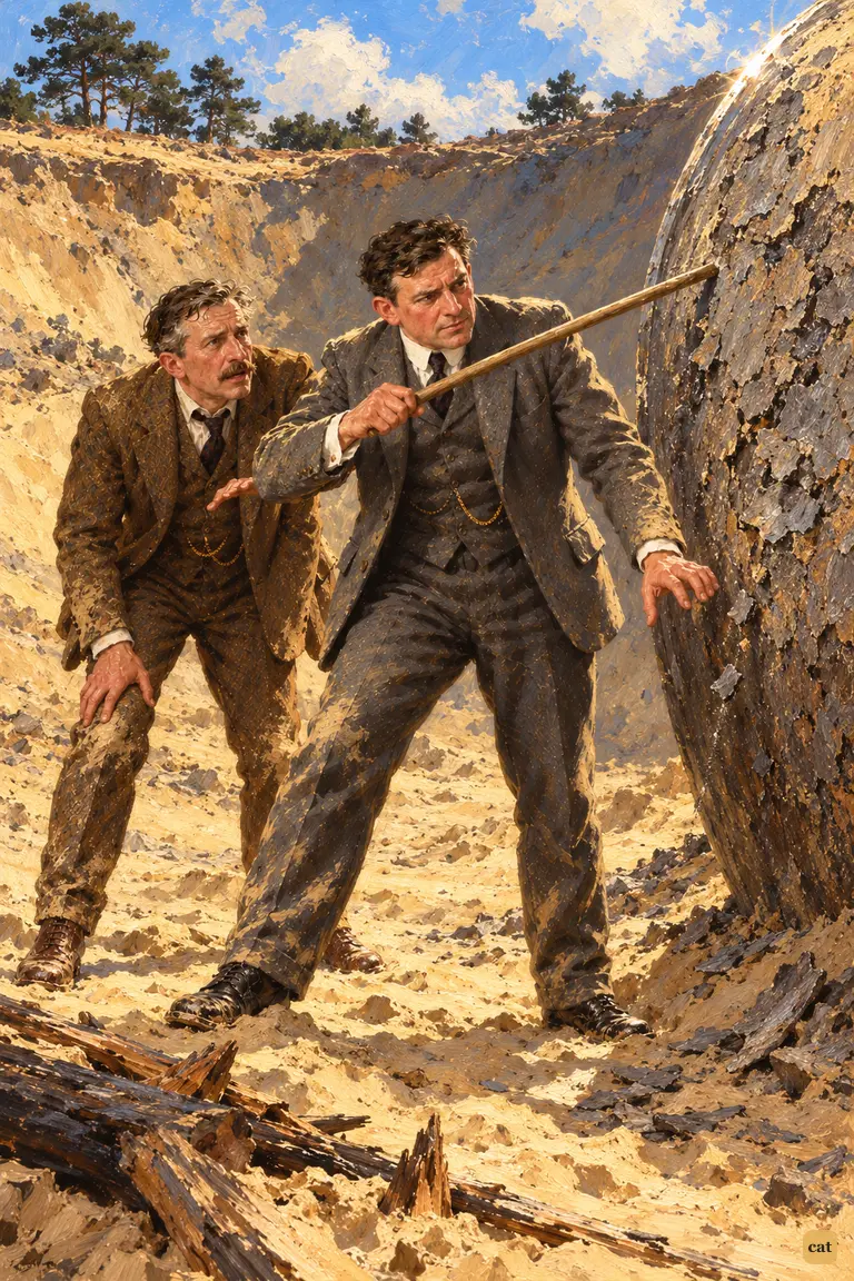 Henderson raises a stick to the crusted cylinder as Ogilvy bends close and listens