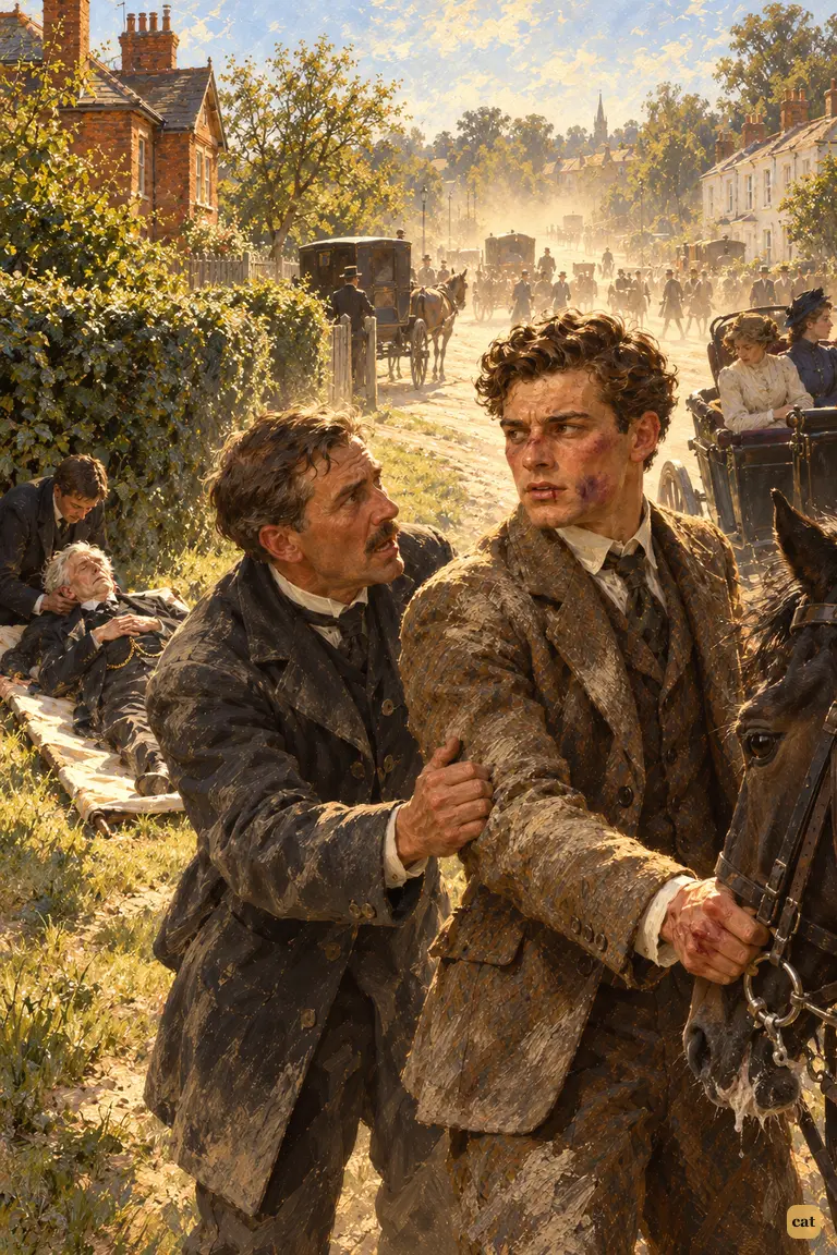 On the Barnet road, a dust-choked servant pulls at the brother's sleeve and begs for water