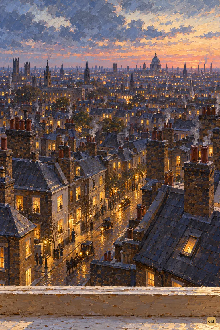 Before dawn, from the brother's attic, windows light up across the grey roofs of London