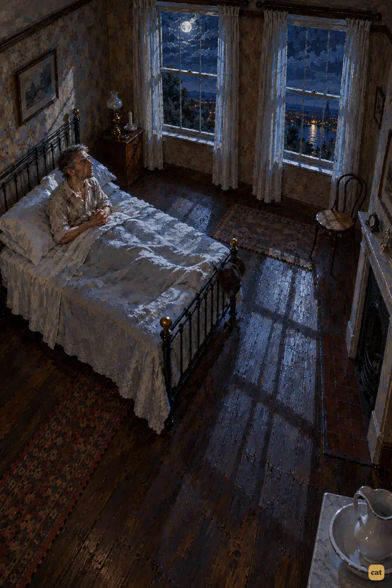 In the dark inn bedroom, the narrator sits bolt upright in the iron bed and prays
