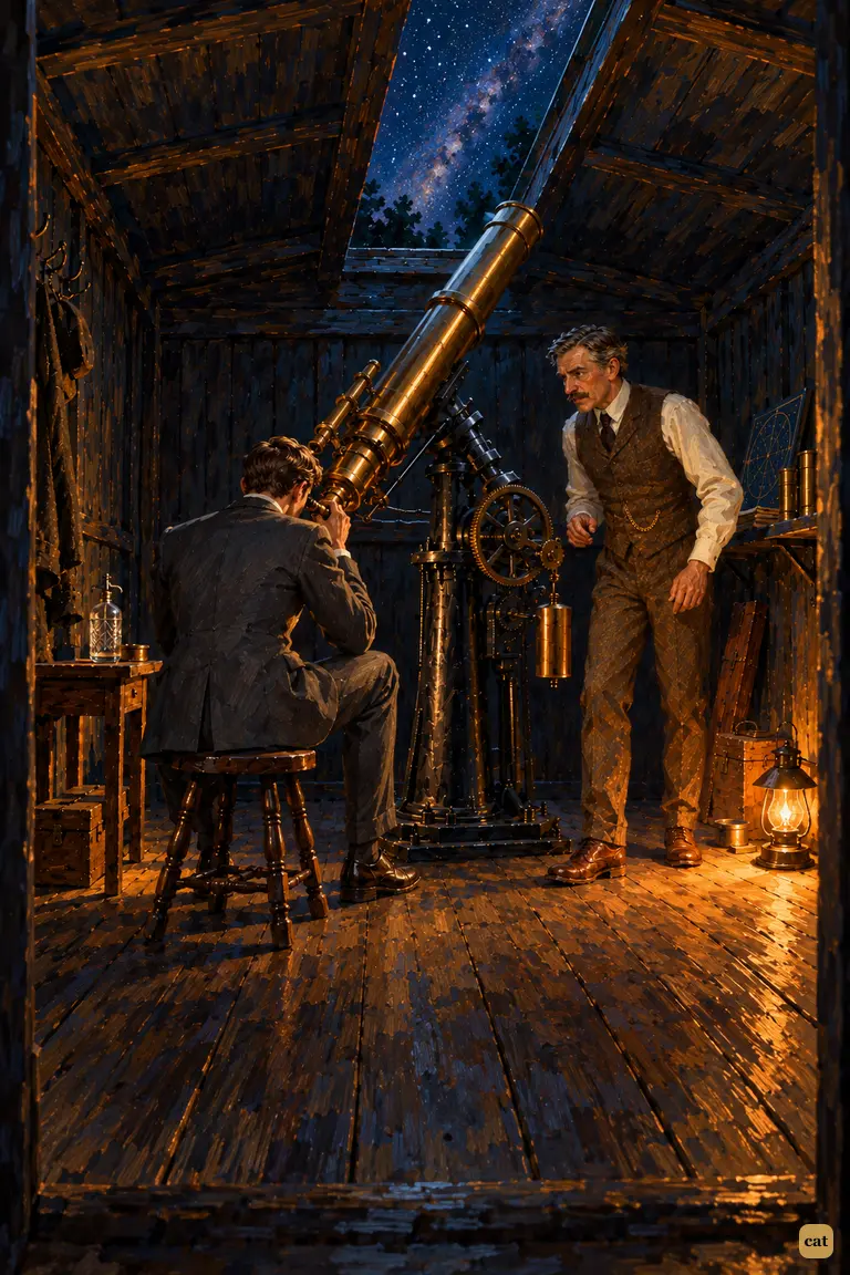 At midnight, in a dark timber observatory, the narrator bends over the brass eyepiece.