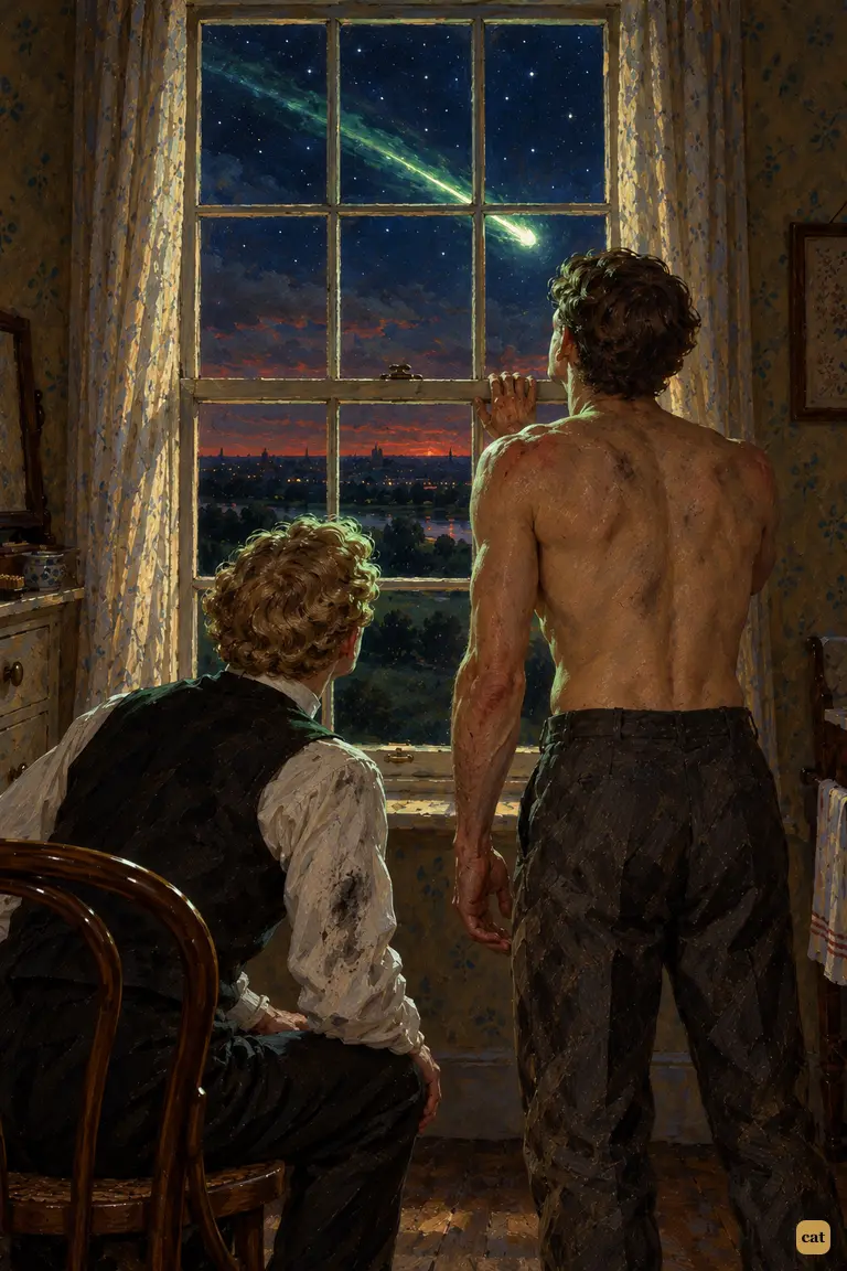 The narrator and the curate watch the fourth cylinder streak down like a green meteor