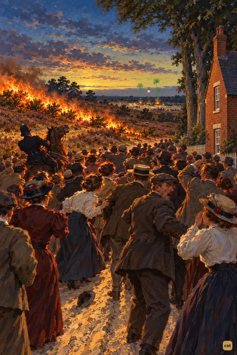 A chain of furze bushes bursts into flame one by one, racing toward the watching crowd