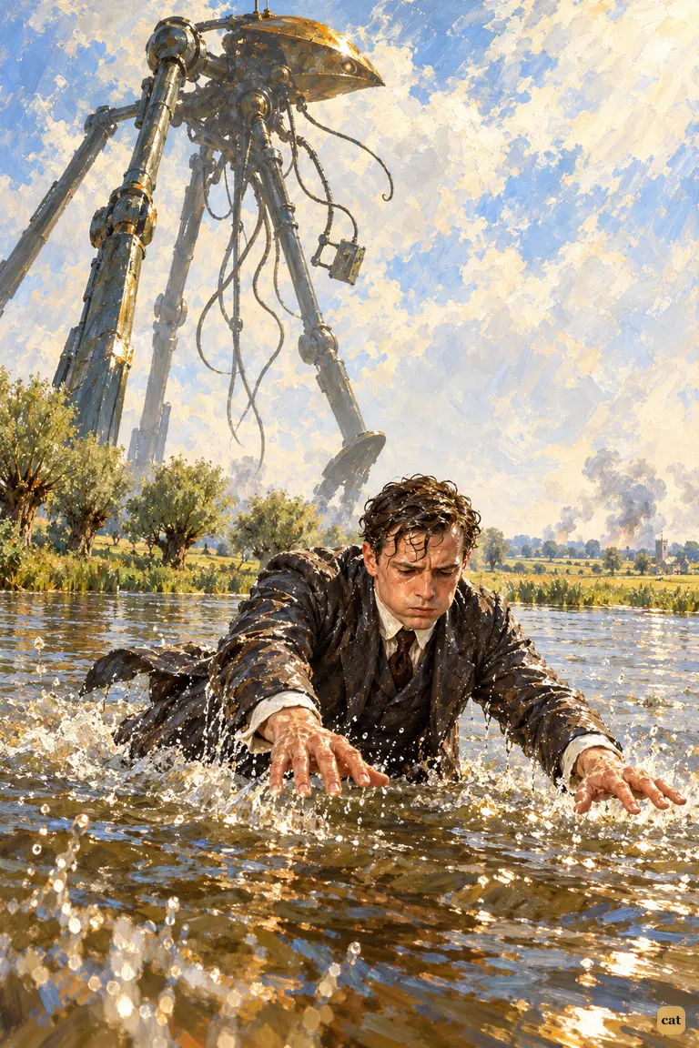 Waist-deep at Shepperton, the narrator dives for the water as a Martian strides behind him