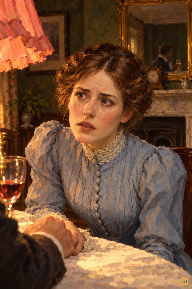 The narrator's wife goes deadly white with fear, believing his story, and he breaks off