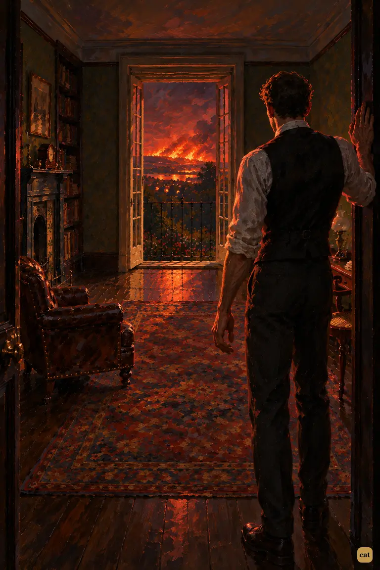 The narrator stops short on the threshold of his pitch-dark study.