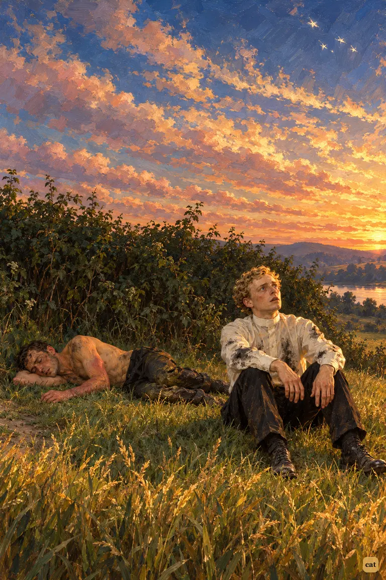 The narrator wakes in the long grass by the Walton hedge to find a stranger beside him