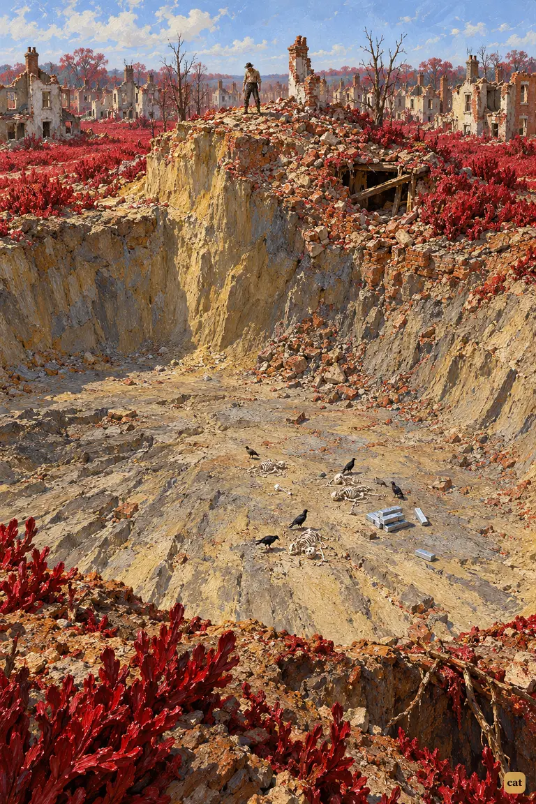 From high above, the narrator is a tiny figure on the mound over the empty Martian pit