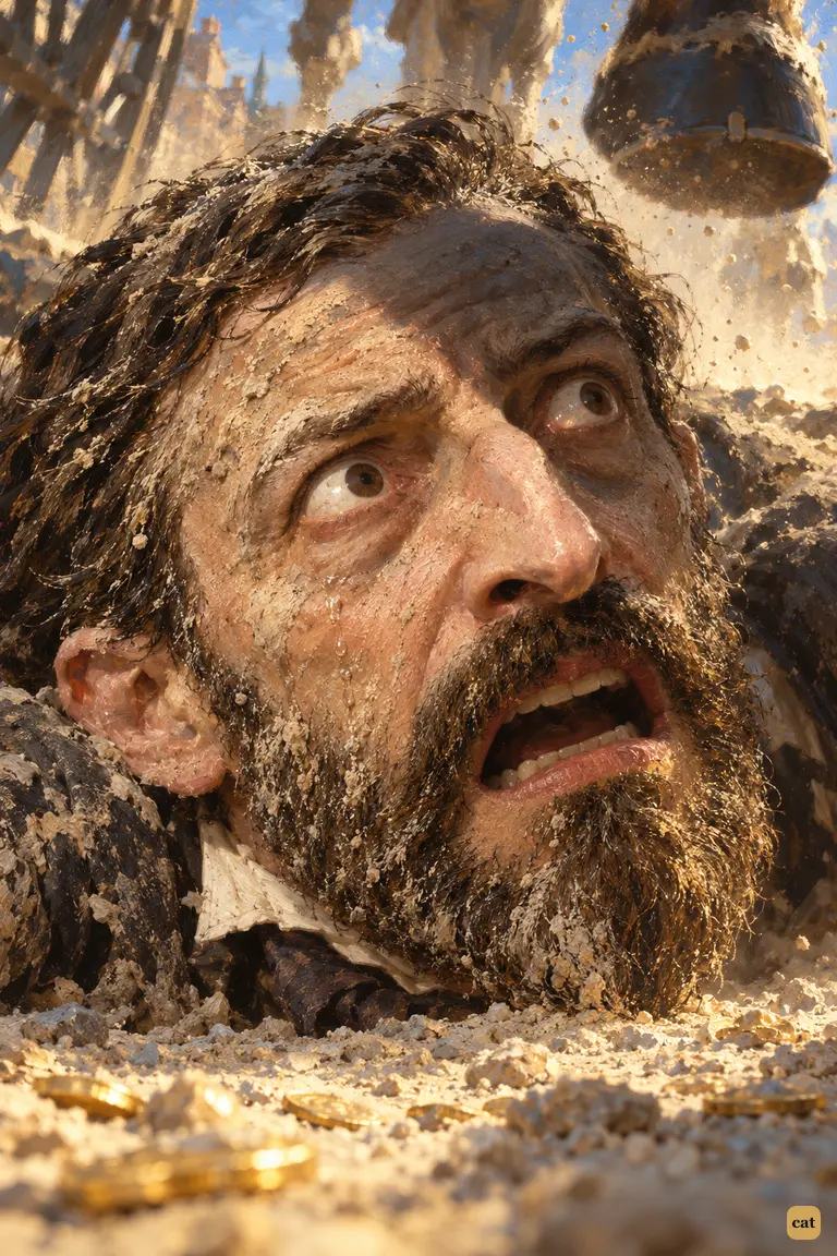 The bearded man with the gold lies in the dust of the Barnet road.