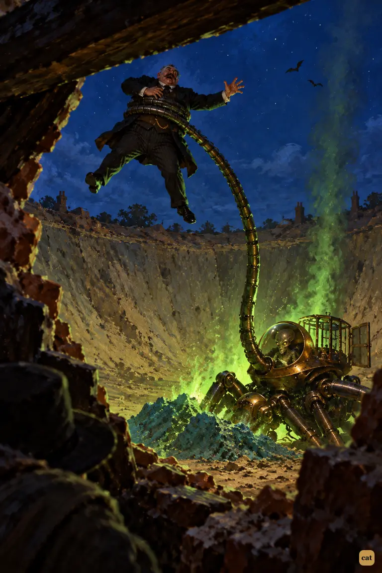 At dusk, a crouching fighting-machine raises a struggling black shape against the stars