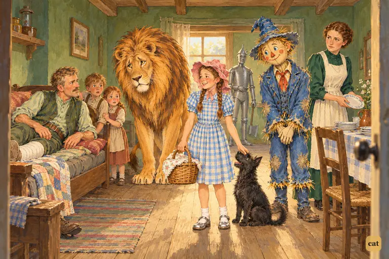 The travelers step into the green farmhouse, where the injured farmer, the busy woman and two wide-eyed children stare at so odd a company.