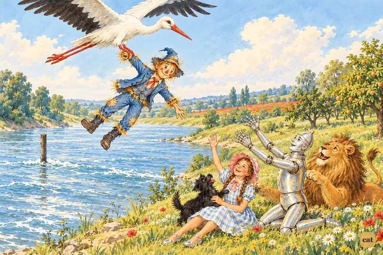 The kind Stork soars over the river with the straw Scarecrow dangling from her claws, carrying him back to his waving friends on the sunny bank.