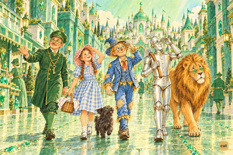 Dorothy, her friends and Toto walk the glittering green marble street of the Emerald City, shading their spectacled eyes against its brilliance.