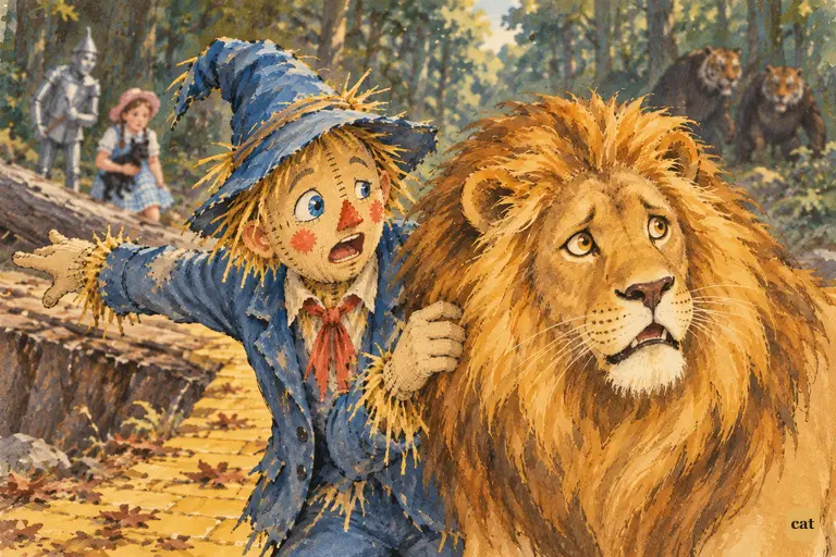 The trembling Lion names the Kalidahs as the Scarecrow points to the felled-tree bridge