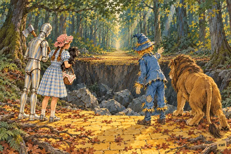 Five small travelers stand at the brink of a vast, shadowed ditch that splits the dim green forest and breaks the yellow brick road.