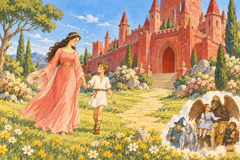 The kind sorceress leads the boy by the hand toward her ruby palace in the north
