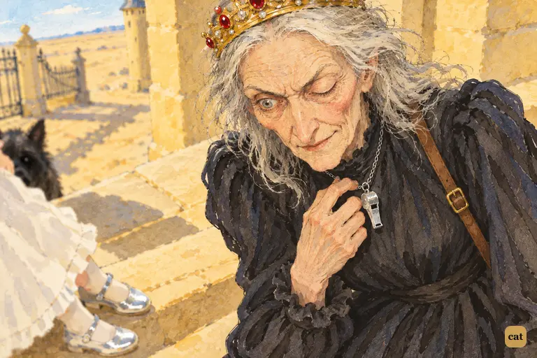 Seen from above, the one-eyed Witch stares down at the Silver Shoes on Dorothy's feet.