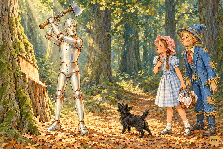 In a sunbeam in the green forest shade, a rusted tin man stands frozen beside a half-chopped tree with his axe raised overhead.