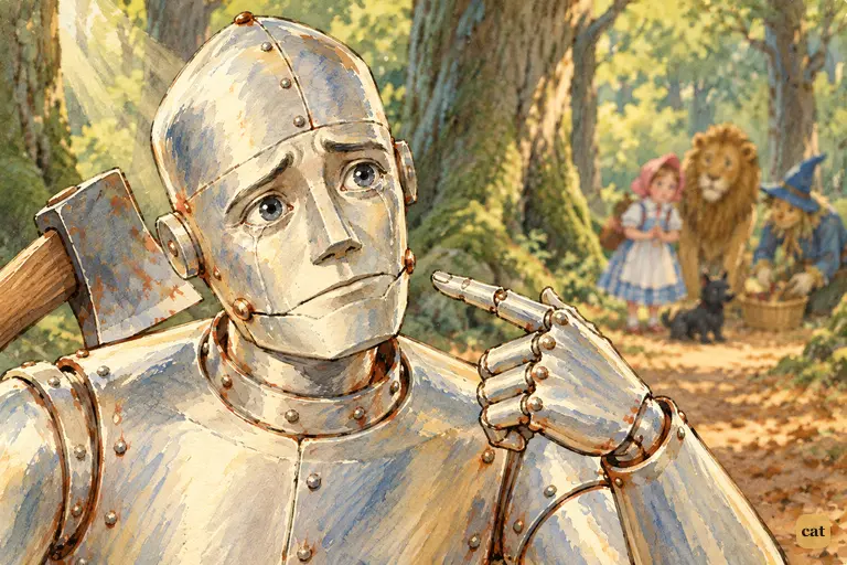 The Tin Woodman's jaw is rusted shut by tears; his puzzled friends gather behind him