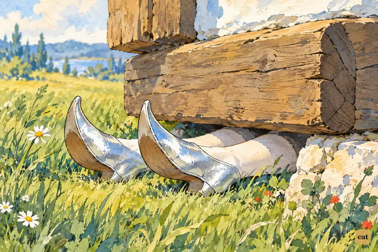 Two silver shoes with upturned toes peek out from under the beam the house rests on