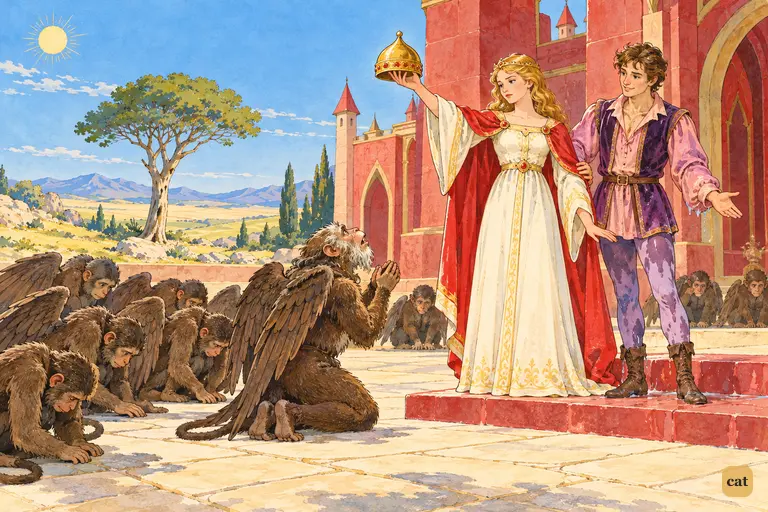 Princess Gayelette holds up the Golden Cap and sentences the bowing Winged Monkeys