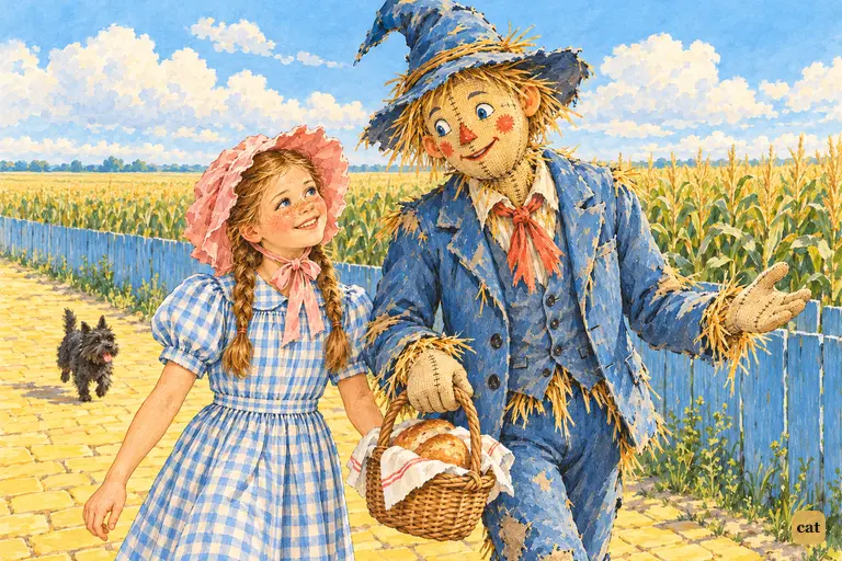 On the yellow brick road beside the blue fence, the straw-stuffed man takes the girl's basket and leans in to share a secret.