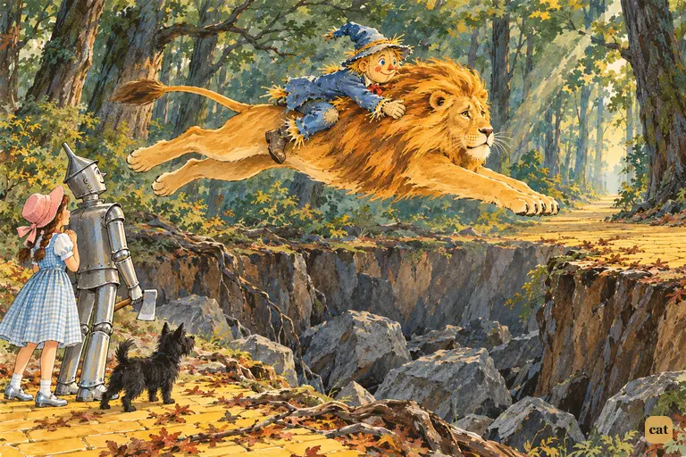The Cowardly Lion soars over the ditch with the Scarecrow clinging to his mane
