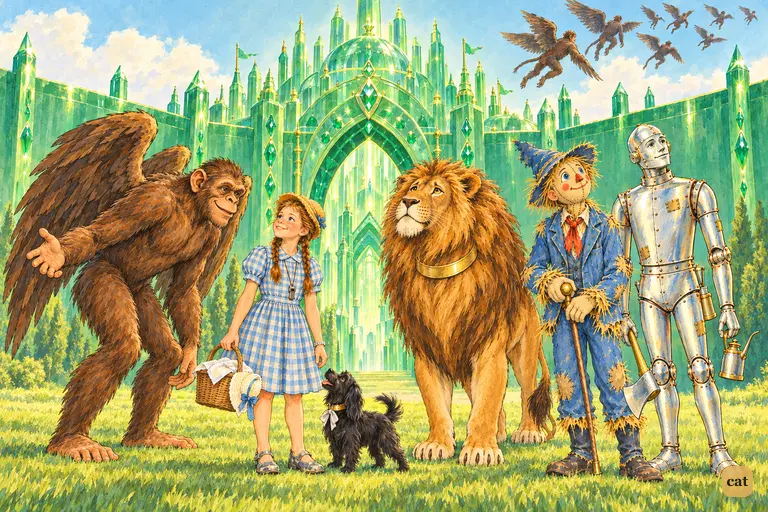 The Winged Monkeys have carried the travelers safely to the glowing green gate of the Emerald City.