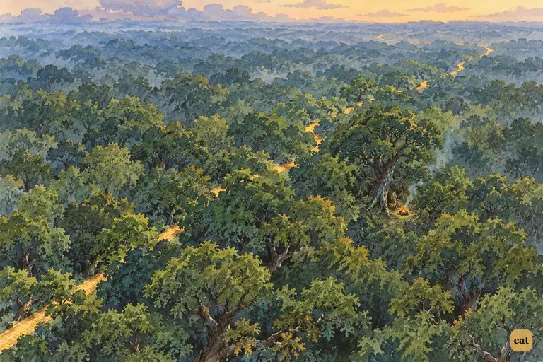 At dusk the Great Forest fills the view; one tiny campfire glints under a tall tree