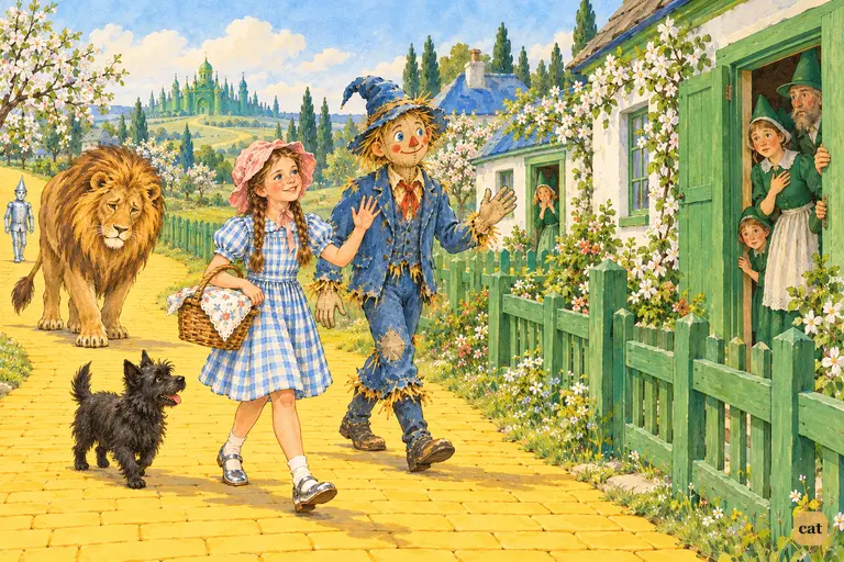 The travellers stroll the yellow brick road past green fences and green farmhouses while emerald-clad farm folk peer from their doors, curious but too wary of the great Lion to come near.