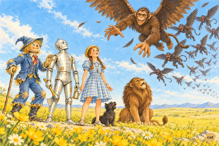 Dorothy finishes the last word of the charm in a field of buttercups, and a dark band of Winged Monkeys sweeps in from the upper right.