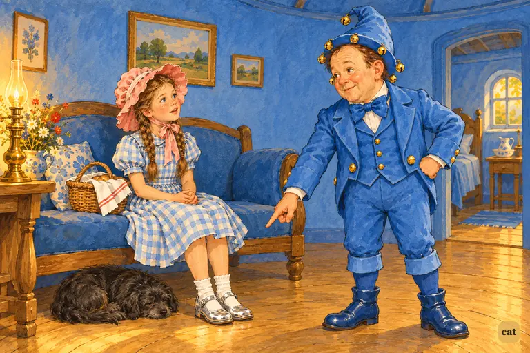 In Boq's round blue house, the courteous Munchkin points at Dorothy's silver shoes and declares her a great sorceress, while Dorothy looks up, puzzled, and Toto dozes at her feet.
