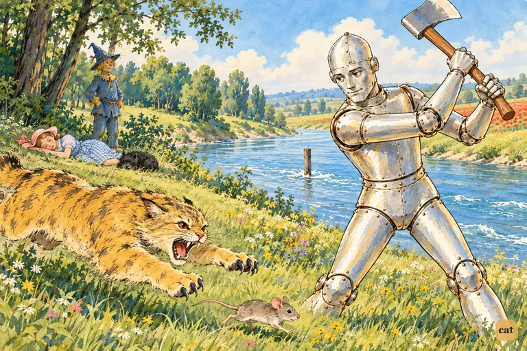 The Tin Woodman raises his axe as the Wildcat chases a tiny gray field mouse past him