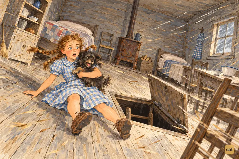 A gust throws Dorothy, Toto in her arms, to the floor just short of the cellar door