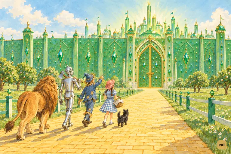 The travelers reach the end of the yellow brick road, where the vast bright green wall of the Emerald City spans the horizon under a soft green glow.