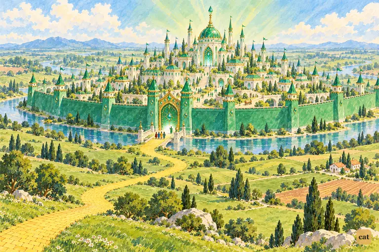The walled Emerald City glows green, the yellow brick road leading to its open gate
