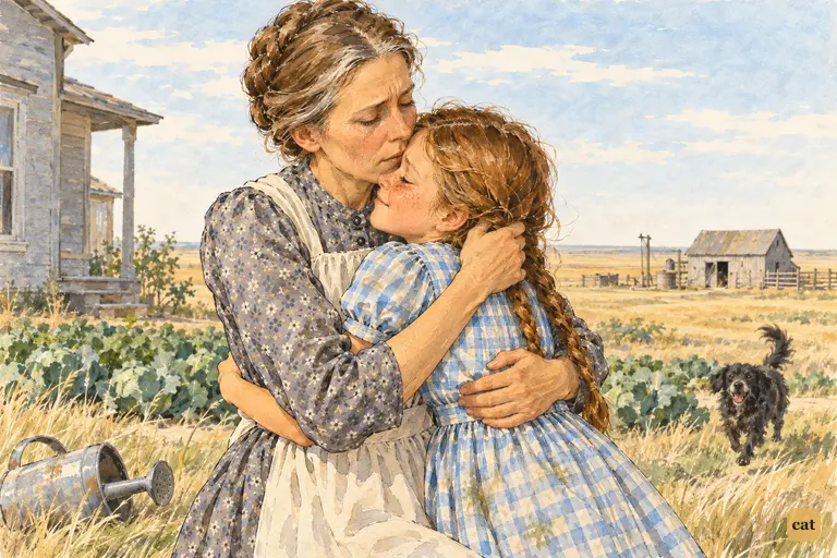 Tearful Aunt Em gathers Dorothy into her arms and kisses her on the Kansas prairie