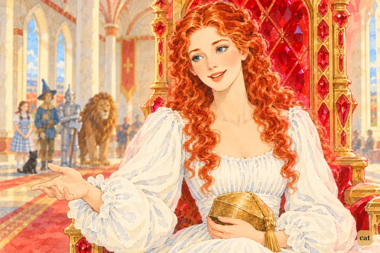 In a close single, Glinda smiles on her ruby throne and nods toward Dorothy's feet.