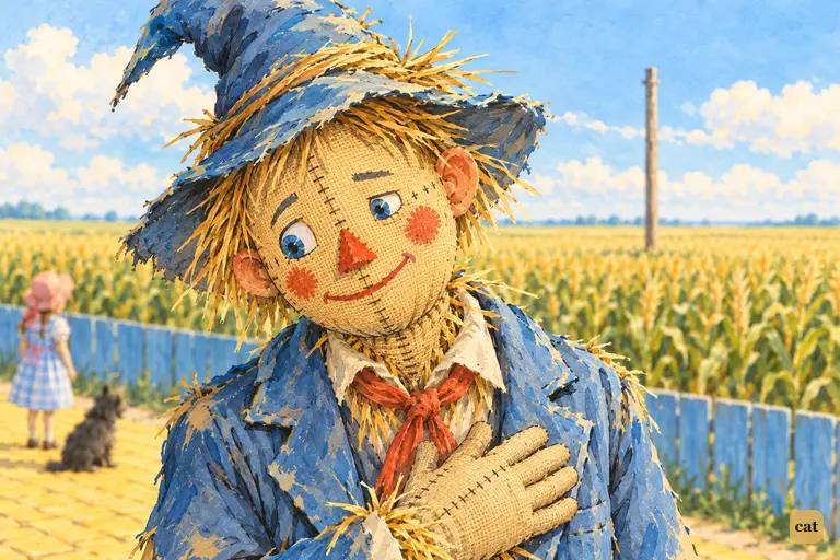 The Scarecrow confesses he knows nothing because his head is stuffed with straw