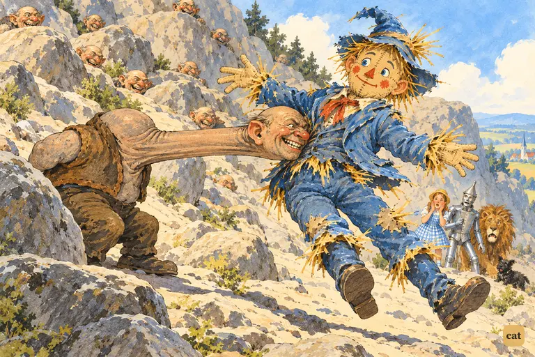 A Hammer-Head shoots out his neck and butts the Scarecrow down the hill