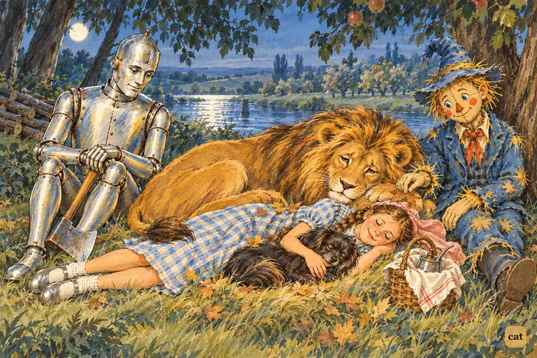 Under moonlit trees on the riverbank, Dorothy sleeps in a nest of grass, guarded by her friends.