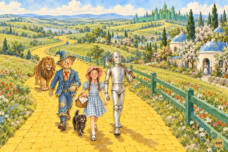 A tiny band of travelers walks the winding yellow brick road through bright green meadows, green farmhouses and fences at their side, toward a faint green glow on the horizon.