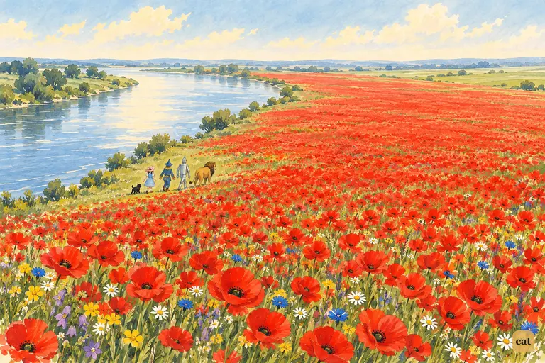 A scarlet poppy meadow stretches along a river bend, the five travelers tiny within it