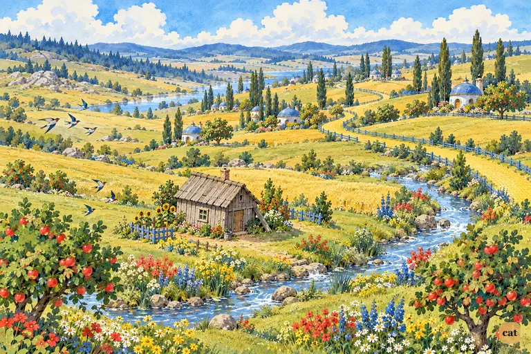 The farmhouse rests beside a winding brook in the bright green Munchkin meadow